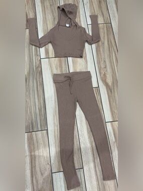 Fashion Nova Ribbed Cropped Hoodie & Drawstring Leggings Set in Taupe